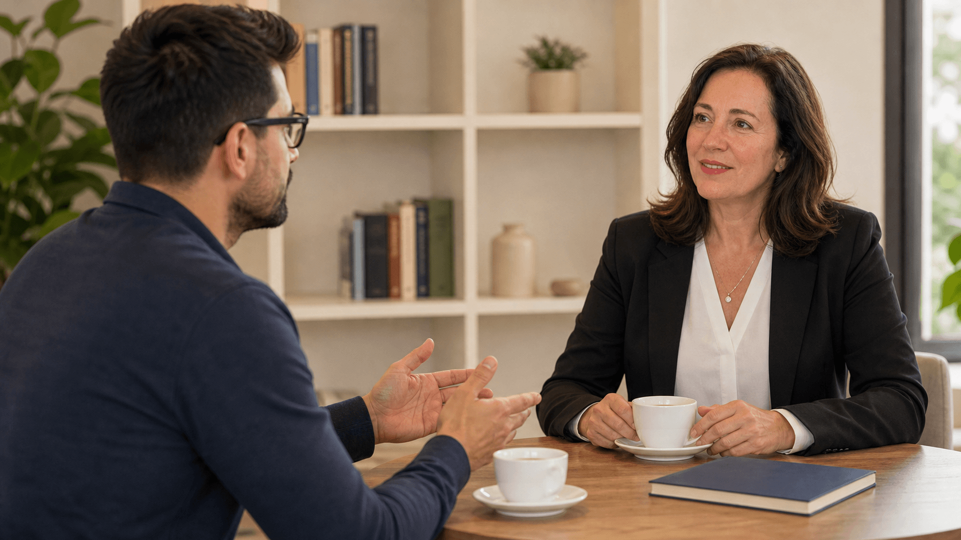 Coachingsgesprek tussen twee mensen aan tafel, executive coaching voor leidinggevenden in Zwolle